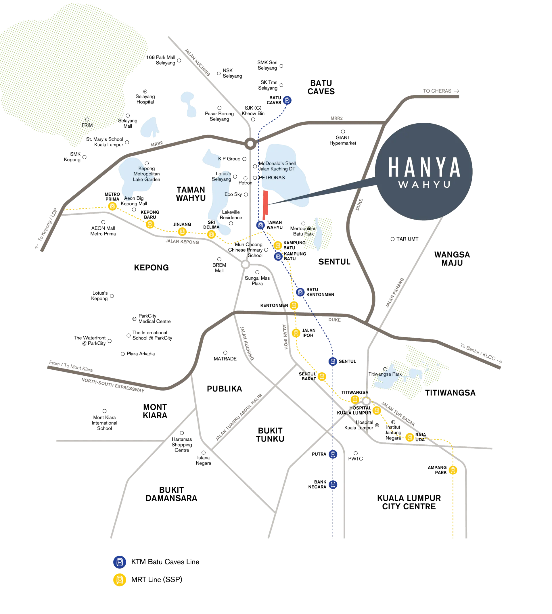 Hanya Wahyu location map — Taman Wahyu KTM, Kampung Batu MRT, Jalan Kuching, MRR2, DUKE and Batu Metropolitan Park, Kuala Lumpur