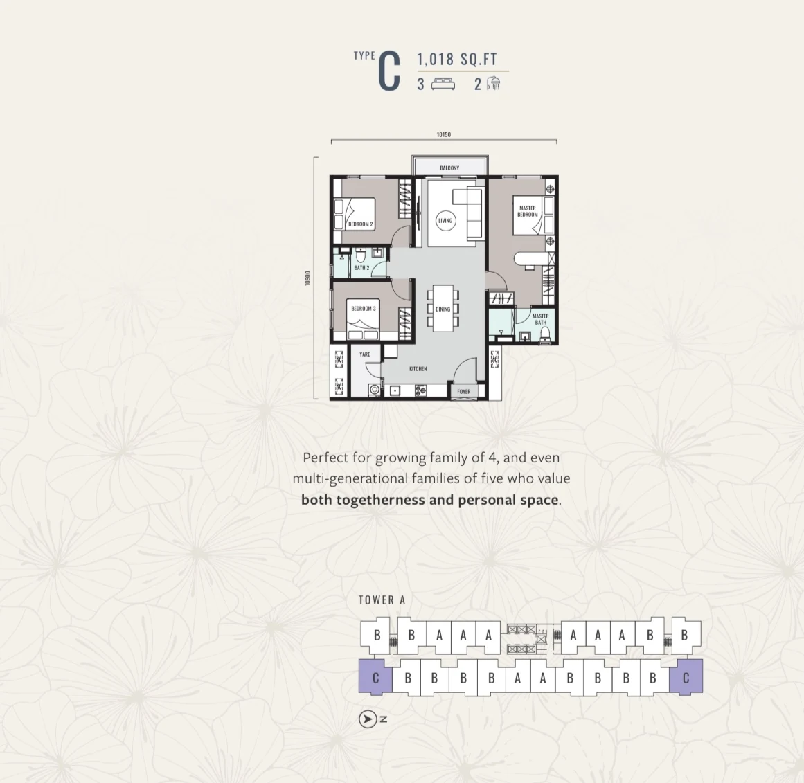 Hanya Wahyu Type C floor plan — 1,018 sq ft, 3 bedrooms, 2 bathrooms, Taman Wahyu Kuala Lumpur